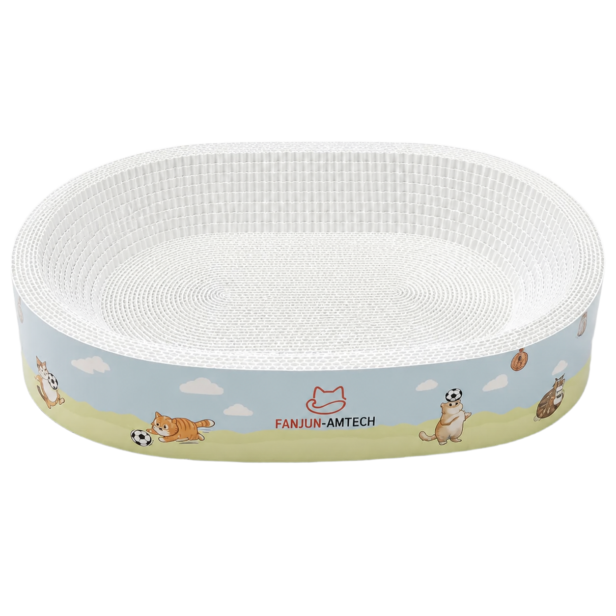 FANJUN-AMTECH white oval corrugated cat scratcher with illustrated outer wrap
